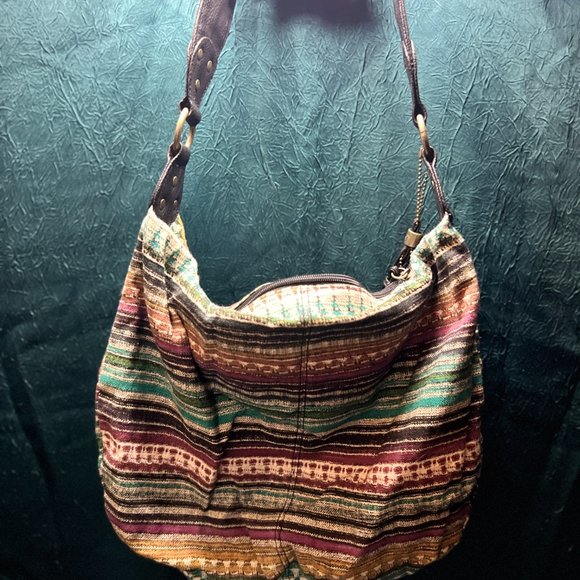 Roxy Vintage Hobo Bag Tribal Print Leather Straps Metal Rings - Picture 2 of 6